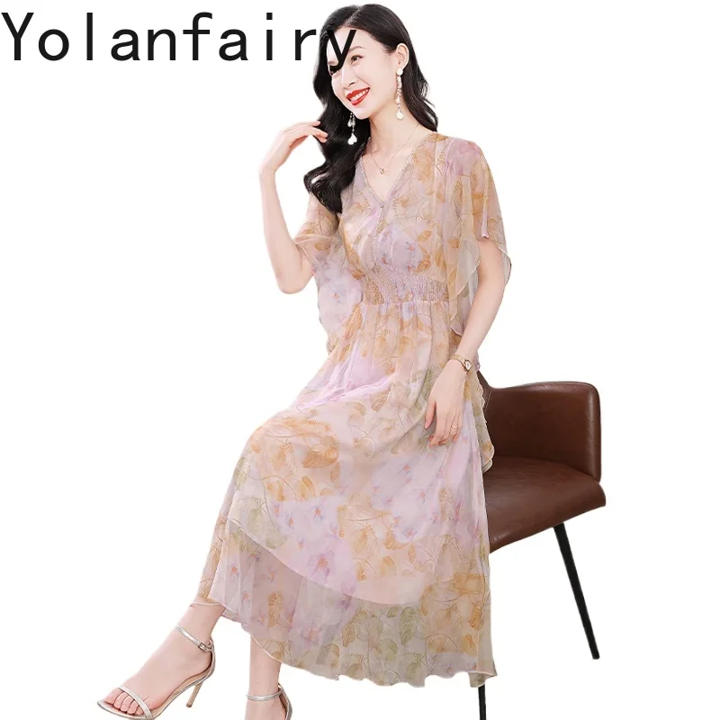 YOLANFAIRY 100% فستان حريري التوت الحقيقي للمرأة الصيف فساتين أنيقة عطلة أعلى جودة فستان طويل الأزهار فساتين حريمي
