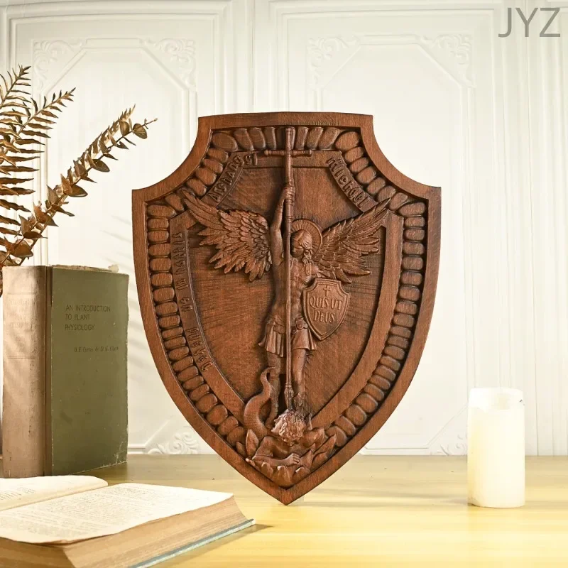 

Religious Retro Wood Carving Shield of Saint Family, Wall Hanging Statue Home Decor