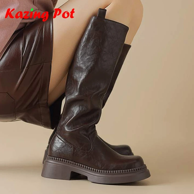 2027 New Microfiber Round Toe Modern Equestrian Boots Dating Winter Shoes Med Heels Punk Design Motorcycle Women Knee-high Boots