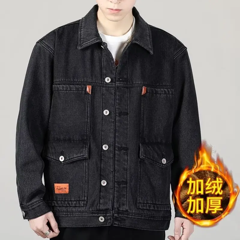 سترة رجالي دافئة مبطنة بالصوف بجيوب متعددة معطف شتوي سميك من قماش الدنيم ملابس عمل فضفاضة مقاس كبير متينة مقاومة للأوساخ #3