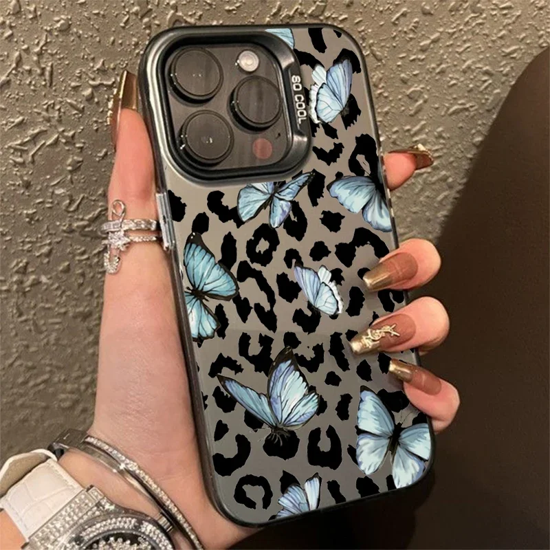 Серебристый чехол IMD с гальваническим покрытием Butterfly Lips Leopard для iPhone 16, 15 Pro Max 14, 13, 12, 11, 7, 8 Plus X XS XR, противоударный чехол