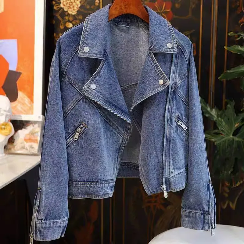 Denim Coat Women Jackets Zipper Distressed Mom Jeans Turn Down Collar Female Streetwear Vintage Outerwear 2025 Autumn Overcoat - Detail 1
