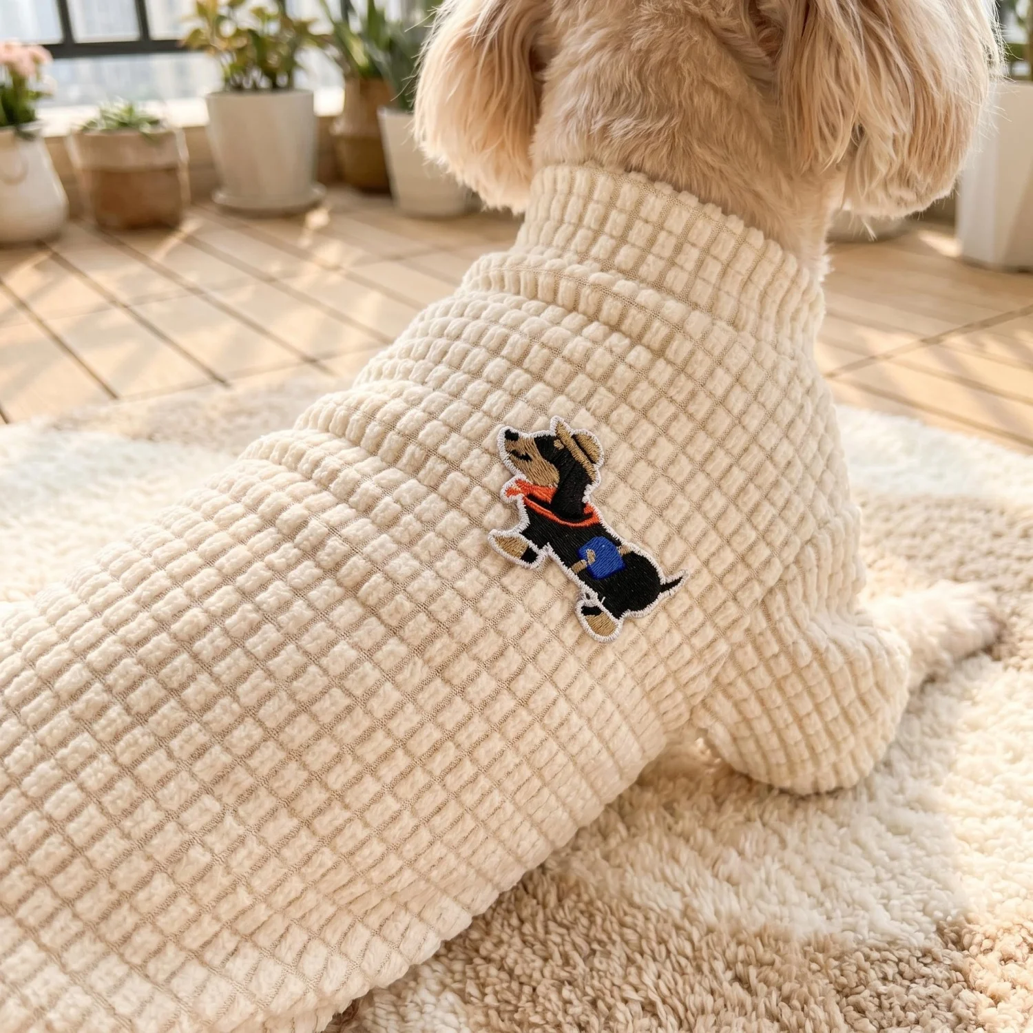 1 Stück Waffelstruktur-Hundepullover mit Cartoon-Hunde-Stickerei, Haustierkleidung für kleine und mittelgroße Hunde, Chihuahua, Pudel, Haustierbekleidung – Detail 3