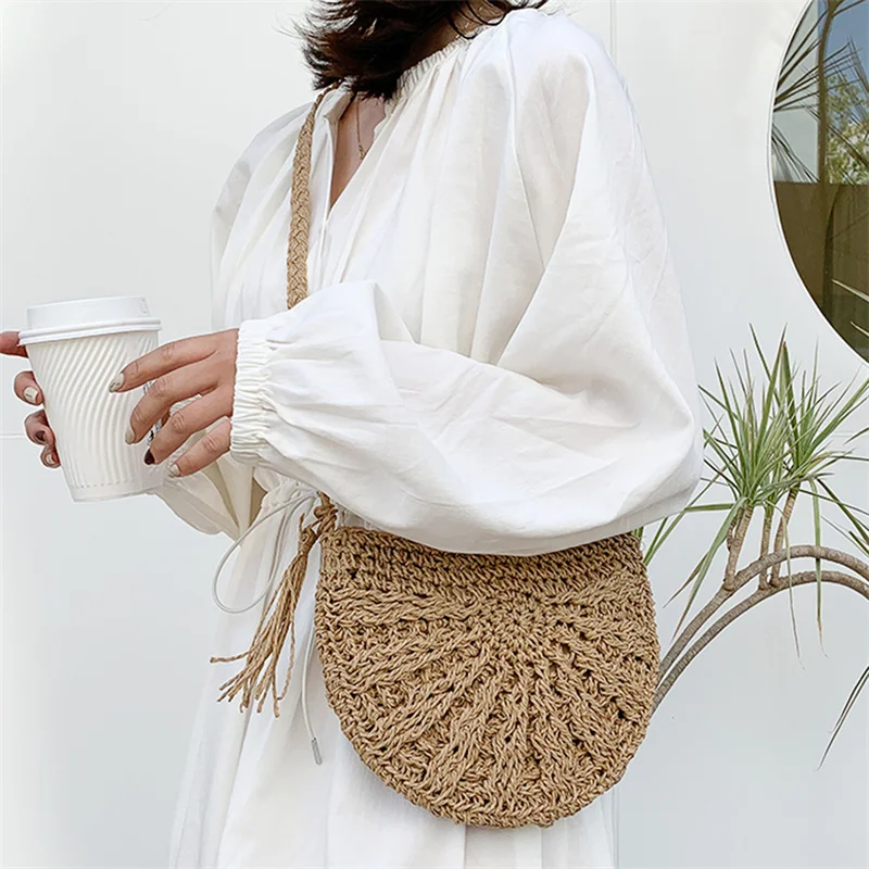 2022 Half Round Straw Bags For Women Summer Beach Rattan Bag Handmade Woven Half Moon Crossbody Handbags Bohemia Hot Sale