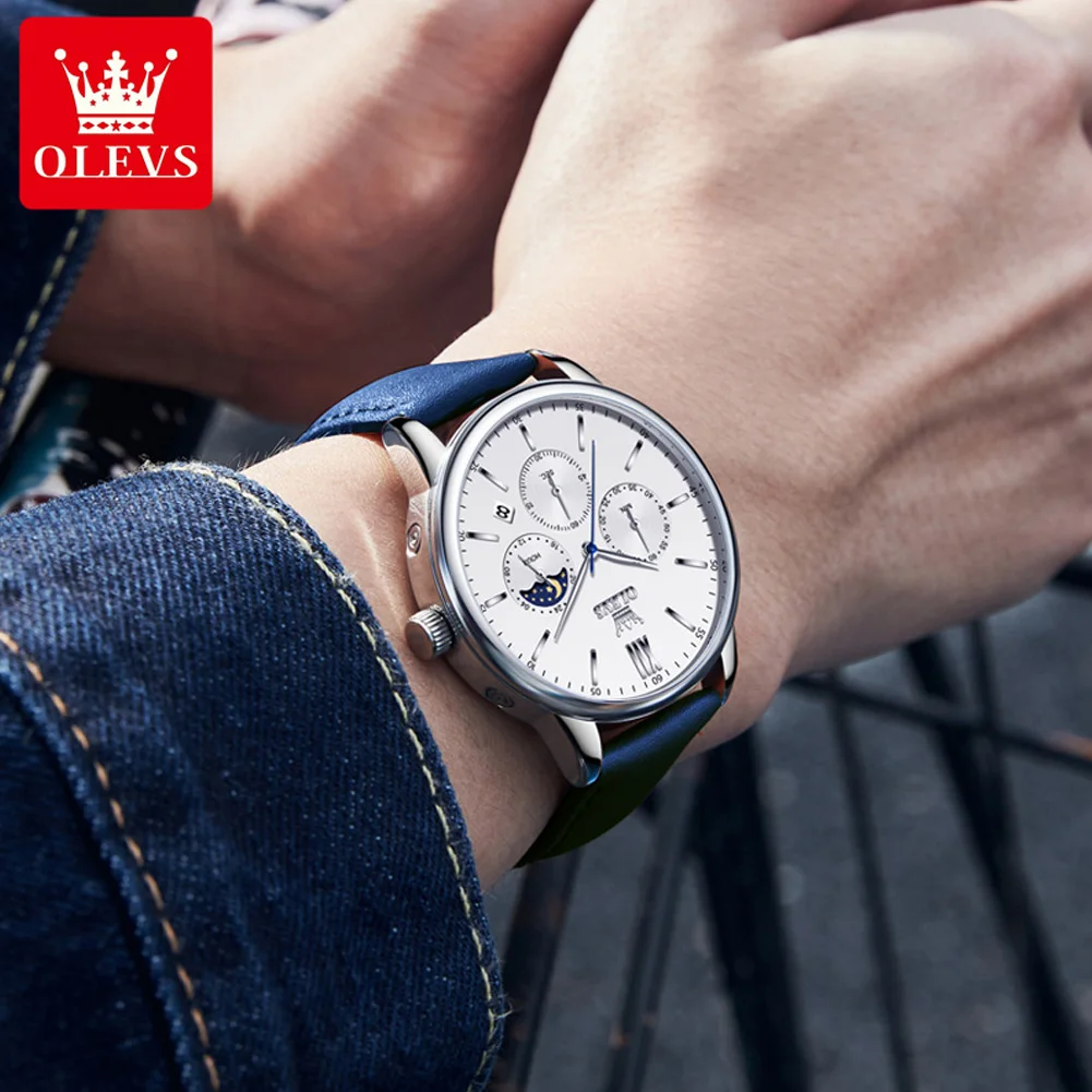 OLEVS-Montre Chronographe Multifonctions pour Homme, Classique, Trois Petits Cadrans, Étanche, Bracelet Cuir, Phase de Lune, Date