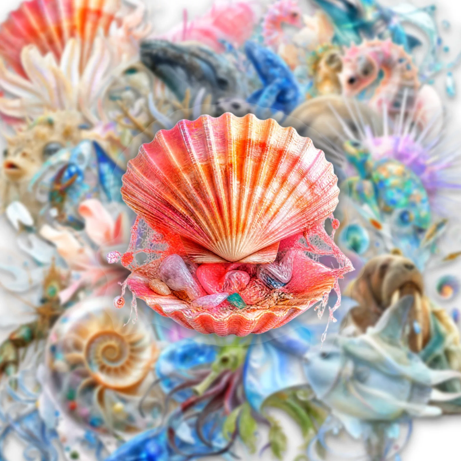 50-Pack Crystal Ocean Animal PET Transparent Stickers Dreamy Deep Sea Whale Shell Decorative Decals for Notebooks Stationery