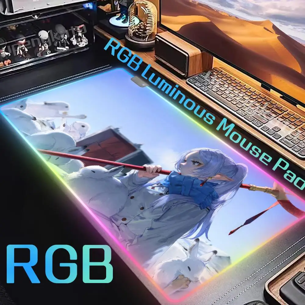Popular f_frieren mouse pad rgb mousepad 90x40 almofadas de mesa luminosas anime mouse tapete de jogos mousepads xxl led teclado tapetes para pc