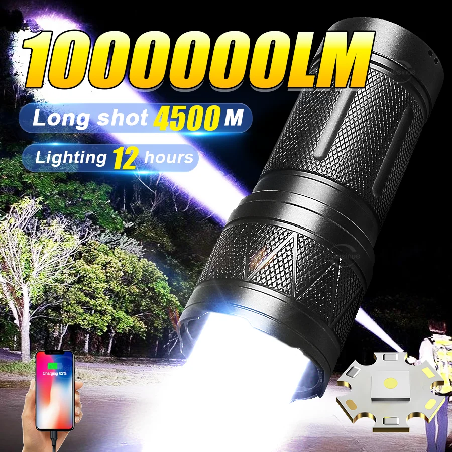 12000mAh Battery High Power LED Flashlight Rechargeable Strong Light Flashlight Long Range Zoom Tactical Torch Light For Fishing