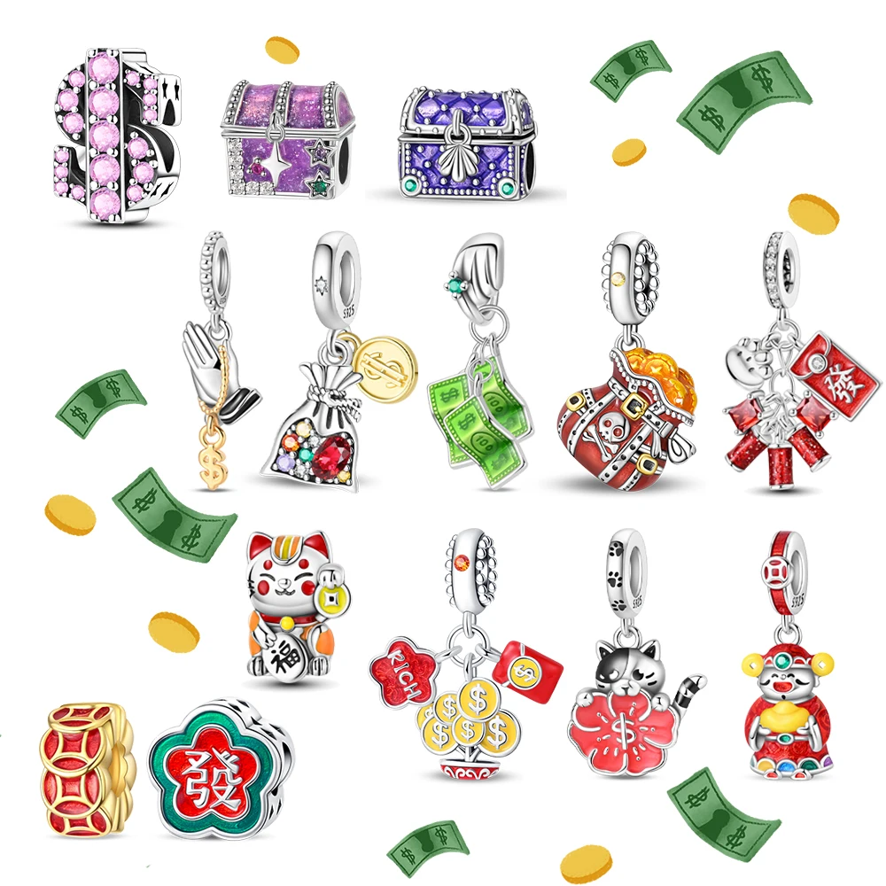 

Lucky 925 Sterling Silver Money Tree Lucky Cat God of Wealth Dollar Treasure Charm Fit DIY Bracelet Necklace Good Luck Wish Gift