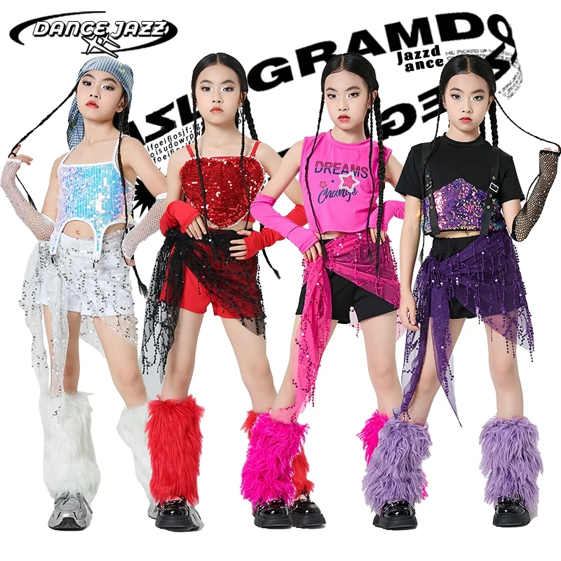 

Summer Girls Sequins Jazz Dance Costume Kids Hip Hop Dance Outfits Stage K-pop Clothes Children Ballroom Dance Suits XS9839