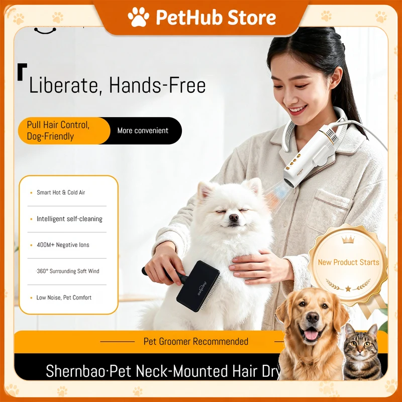Secador de pelo para mascotas Shernbao con motor sin escobillas, iones negativos, bajo nivel de ruido, viento suave de 360 grados para el aseo profesional de mascotas