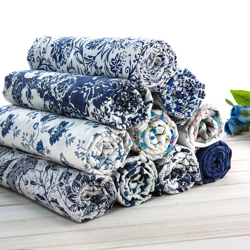 Cotton Linen Fabric By The Meter for Clothing Diy Sewing Chinese Blue White Printed Decorative Textile Summer Flowers Soft Thin