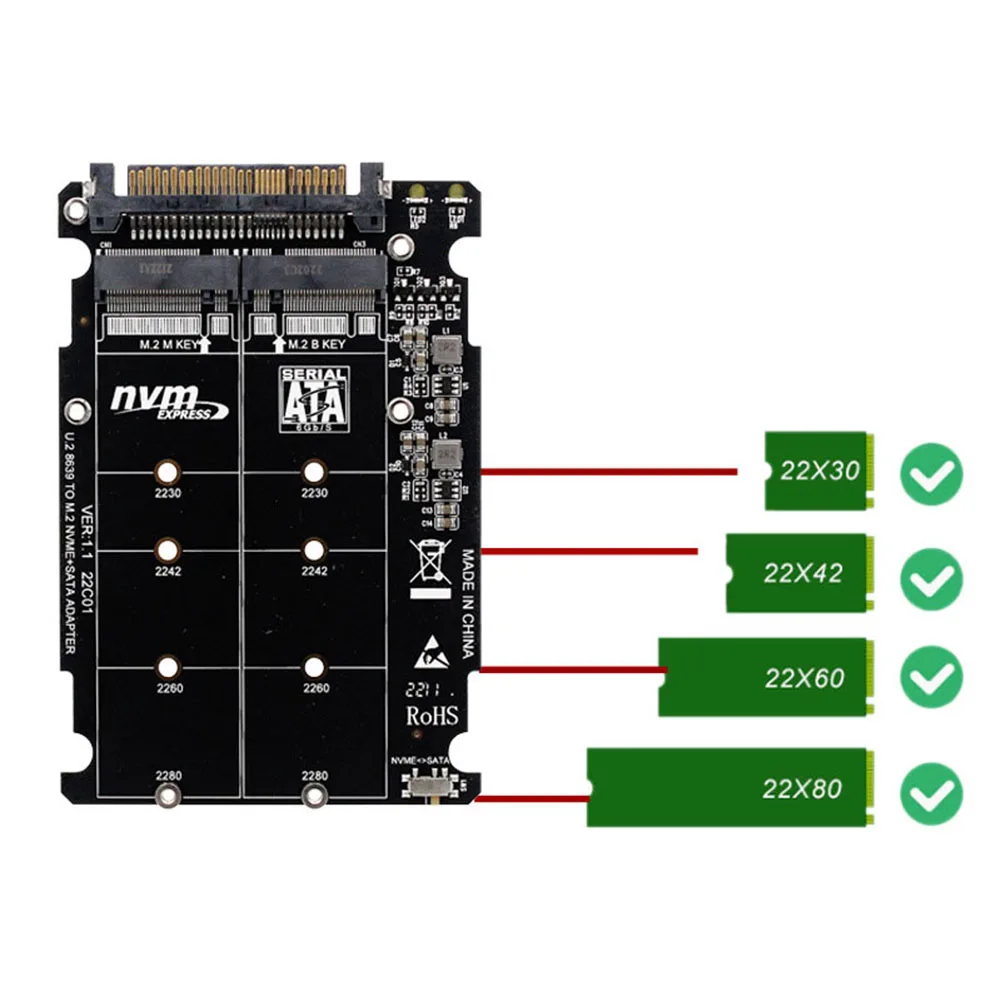 2 In 1 M.2 NVMe SATA U.2 Expansion Card Adapter PCIe4.0x4 Adapter Card M.2 NVME Key M Key B To U.2 for 2230/2242/2260/2280 SSD