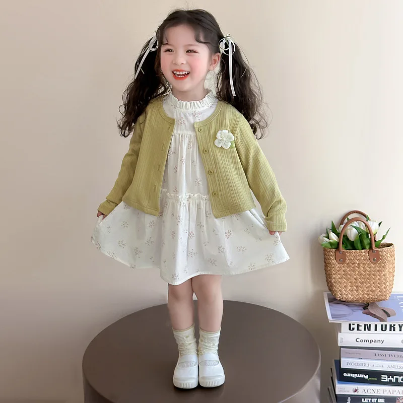 

Girls' Knitted Jacket Spring and Autumn Style Baby Girl Floral Dress Spring Outfit Little Girl Princess Dress Two-Piece Set Tren