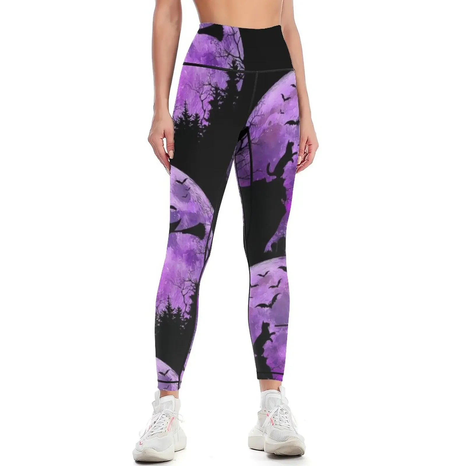 

Halloween Spooky Full Moon, Cat in a Cliff & Witch Flying In Her Broom & Bats Halloween Idea For Cat Moms Witches Leggings