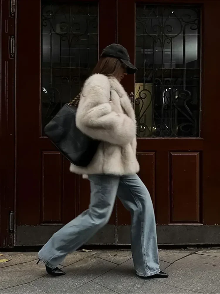 Abrigo de visón de piel sintética gruesa para mujer, chaqueta de manga larga con cuello vuelto, ropa de calle femenina, moda cálida, Otoño e Invierno