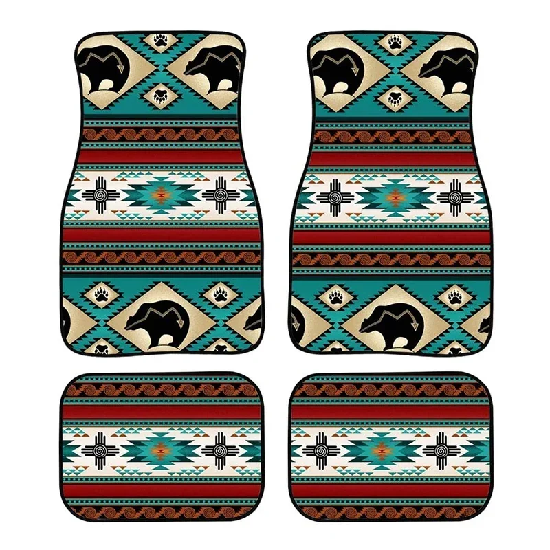 Retro Style Ethnic Pattern Printing Design Car Foot Mat 2/4PCs Rubber Material Front And Rear Row Automobile Ground Mat