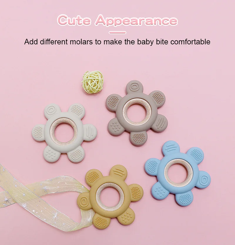 Baby Silicone Teether Rudder Shape Wooden Teether Ring Newborn Silicone Molar Chewing Toys Baby Shower Teeth Nursing Gifts