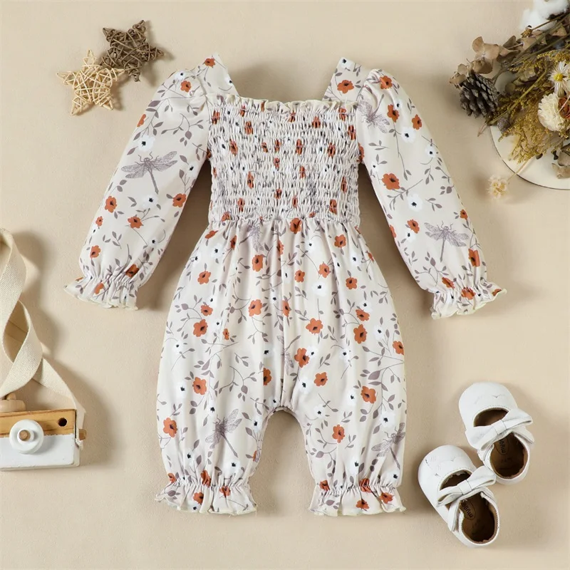 Baby Girls Jumpsuit, Long Sleeve Square Neck Pleated Flower Print Casual Romper Clothes