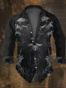 Moda erkek Vintage Koyu Kafatası Baskılar Uzun Kollu Gömlek Kafatası Baskılar Siyah Düzenli Fit Tops, Yaka Yaka Polyester Streetwe...