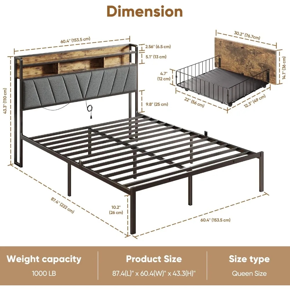 Full/Queen/King optional Bed Frames, Metal Bed Frames with Charging Station, LED Lights Bed Frames with Upholstered Storage