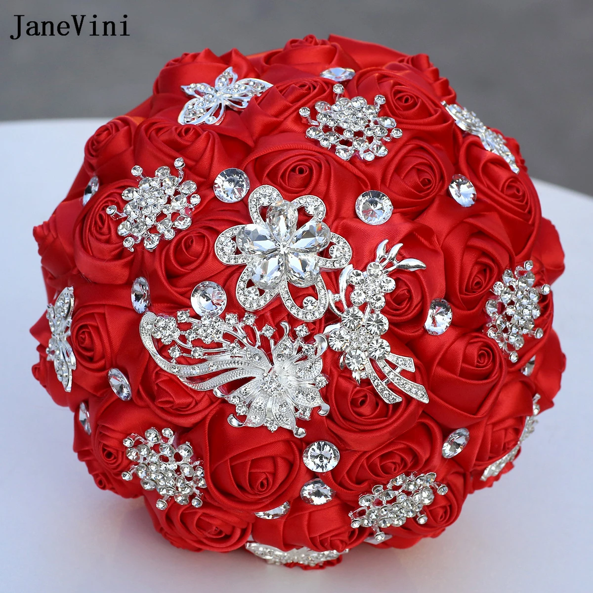 

JaneVini Customized Red Bridal Bouquets Sparkly Silver Crystals Artificial Satin Roses Bride Bouquet Flowers Wedding Accessories