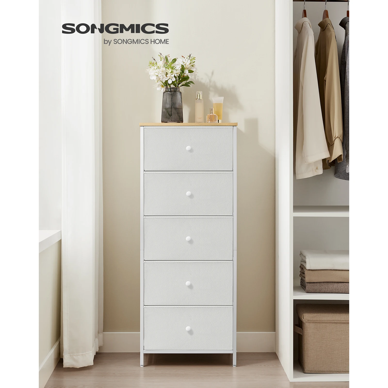 SONGMICS Chest of Drawers Bedroom, Drawer Storage Unit, Dresser with 5 Fabric Drawers, Metal Frame, Tall and Slim, for Closet