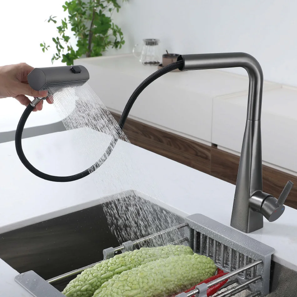 Pull Out Kitchen Sink Faucet Waterfall Raindance 304 Stainless Steel Grey White 360° Rotation Hot and Cold Water Mixer Basin Tap