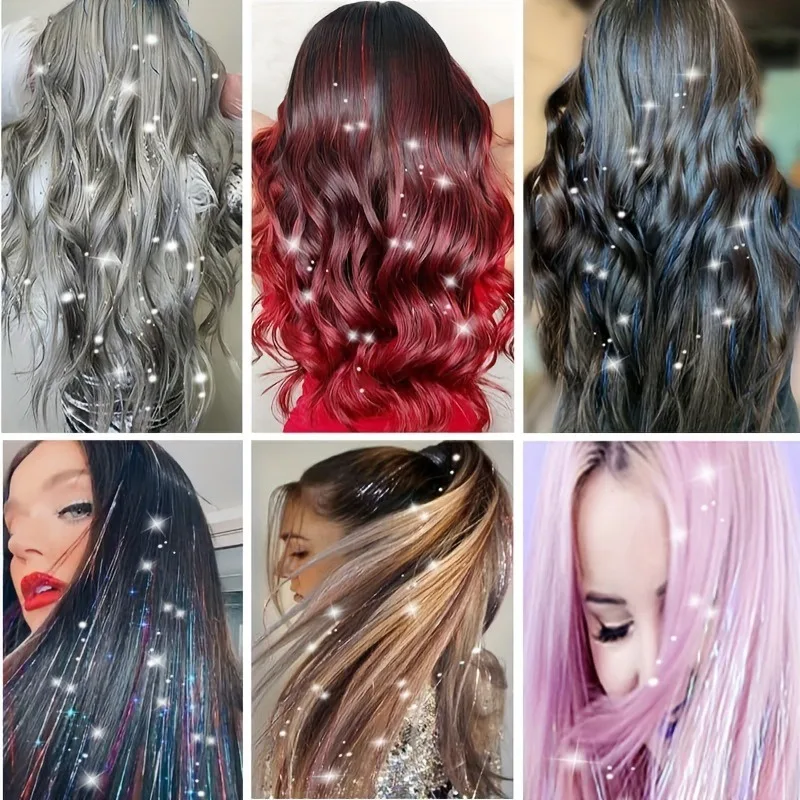 Extensiones de cabello con oropel dorado láser más vendidas, 12 piezas de cabello de arcoíris en caja de colores, peinado de fiesta brillante, accesorios para el cabello