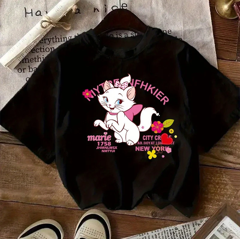 T-shirt stampata Disney Mary Cat Flower Cartoon manica corta girocollo casual adatta per l'estate e la primavera, top a maniche corte