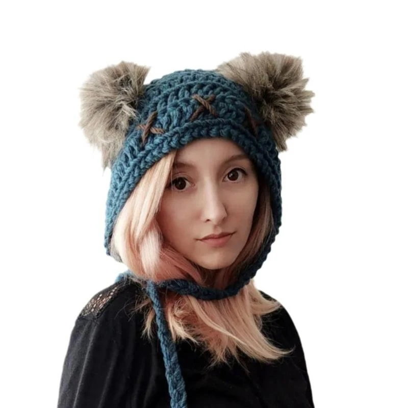 

Шапка с медведем для девочек Y2K Стиль Вязаная шапка с ушками Вязаная шапка с медведем Подарки Теплая зимняя шапка