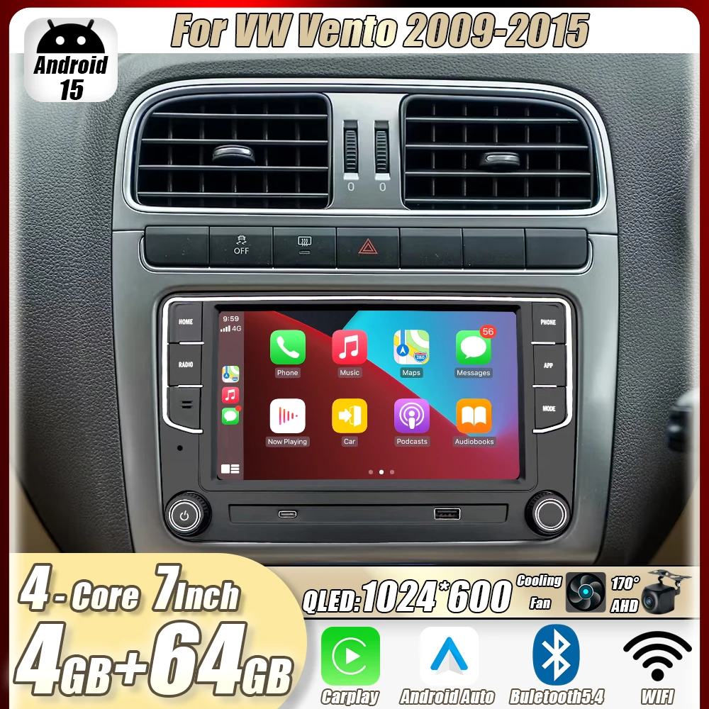

4GB+64GB 7"For VW Vento 2009-2015 Car Stereo Radio CarPlay Android15 Auto Head Unit GPS 4G+WIFI Navi Multimedia Player