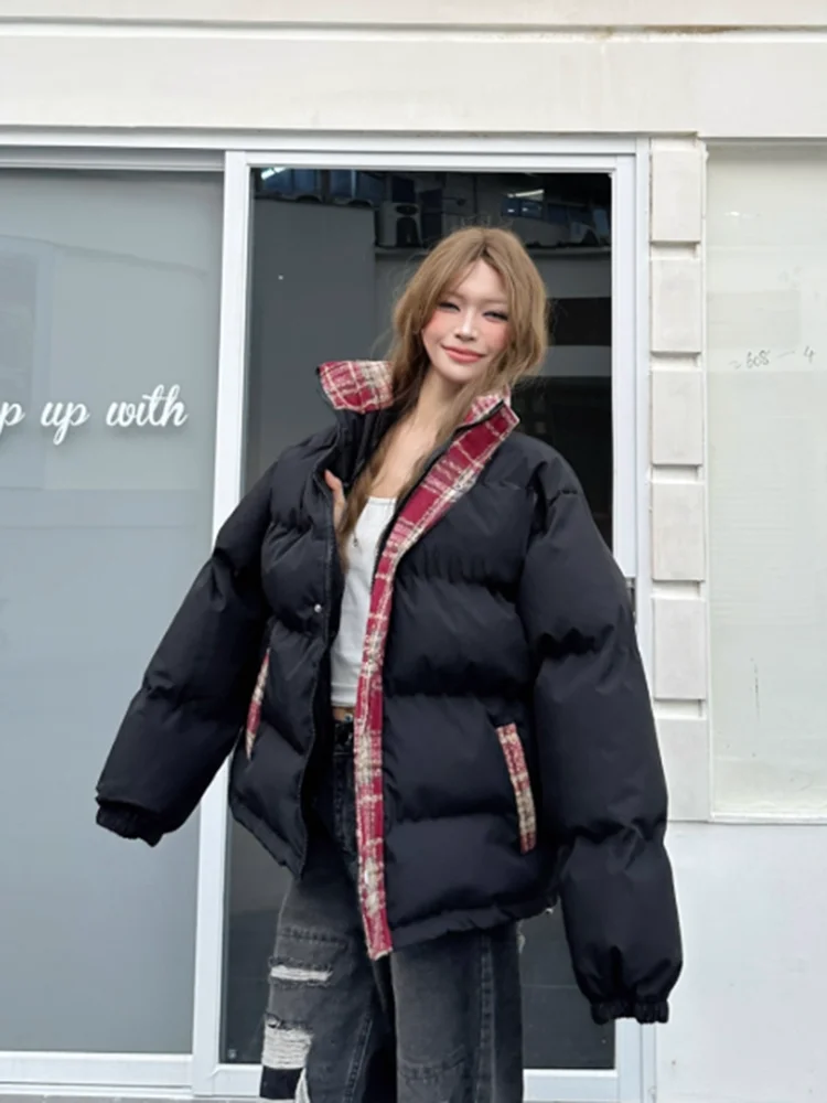 Zoki خمر الشارع الشهير Y2K سترات المرأة الأمريكية منقوشة المرقعة الشتاء منتفخ معطف Harajuku فضفاض الهيب هوب Bf سترة طويلة الأكمام #1