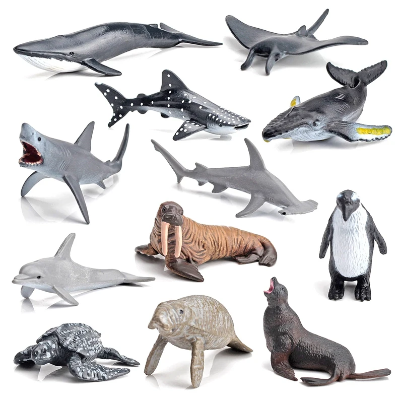 12PCS Simulation Trumpet Marine Biological Model White Shark Walrus Humpback Manatee Children Education Cognitive Toy