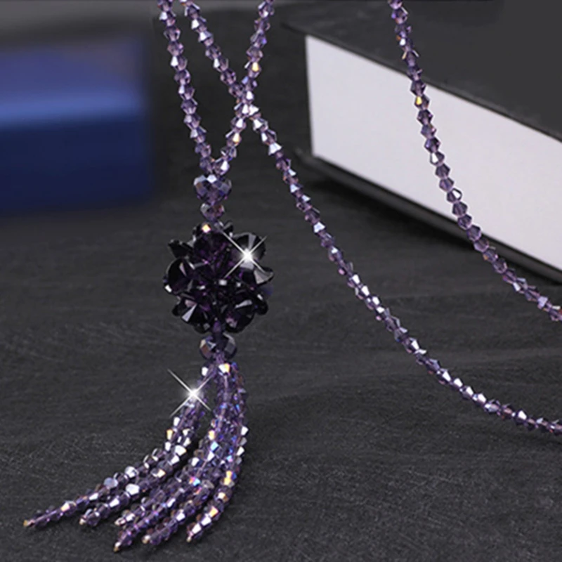 Korean Crystal Bead Long Necklace Women Autumn Winter Joker Sweater Chain Fashion 2023 Kpop Tassel Pendant Neck Decoration