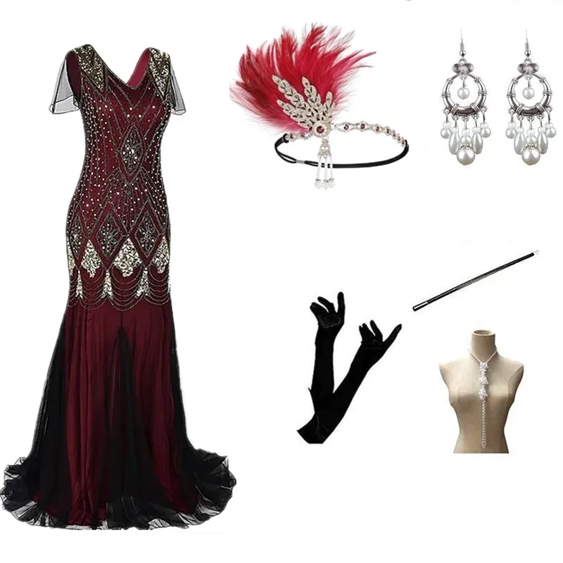 Retro 1920s Gatsby Long Evening Dress Glitter V-neck Formal Party  Dress Polyester Spring 2023 Ladies Fashion