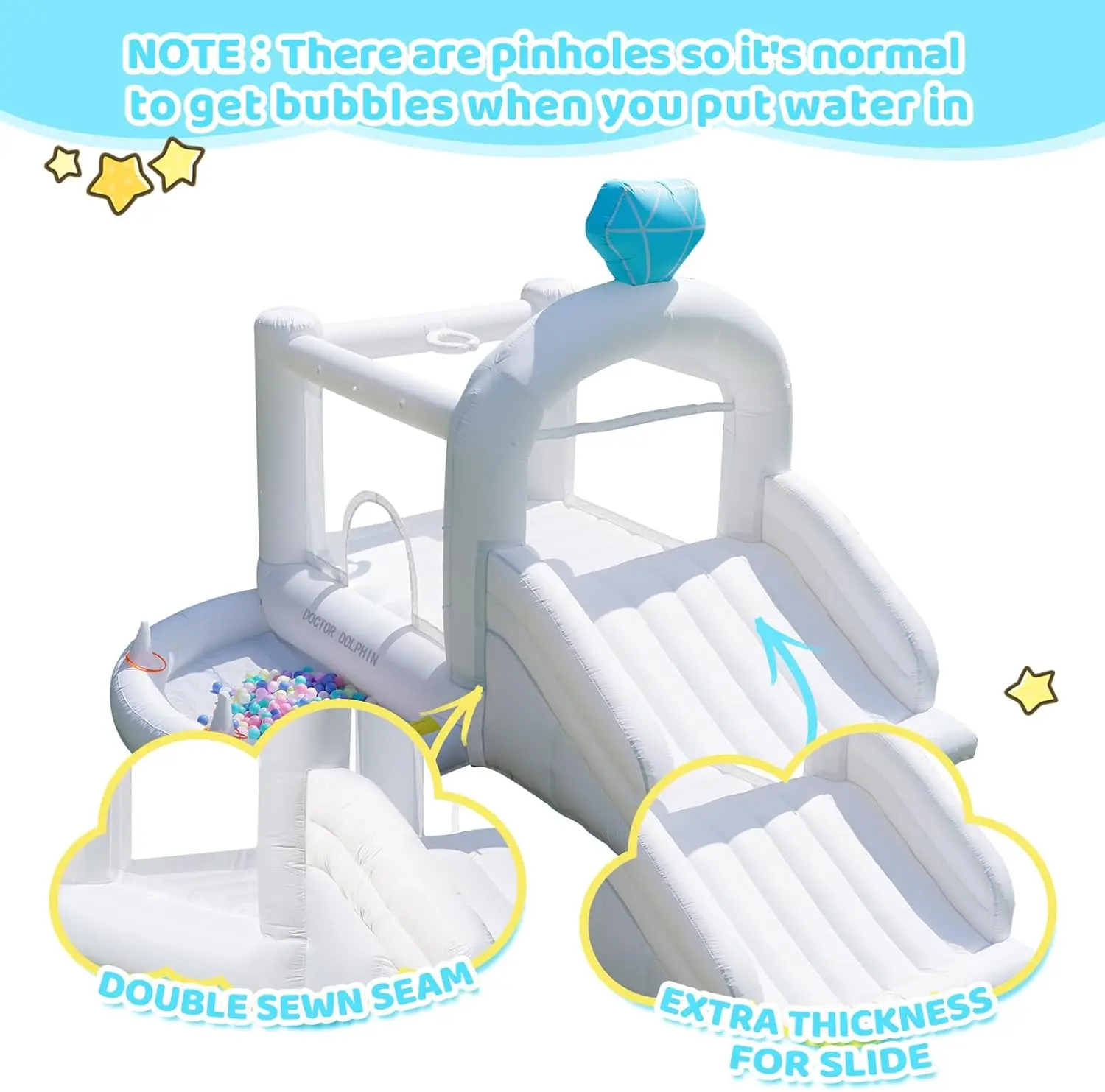 بيت دكتور دولفين القابل للنفخ، منزل نطاط أبيض للأطفال 3-6، منزل قفز قابل للنفخ مع حفر كروية لحفلات الزفاف #4
