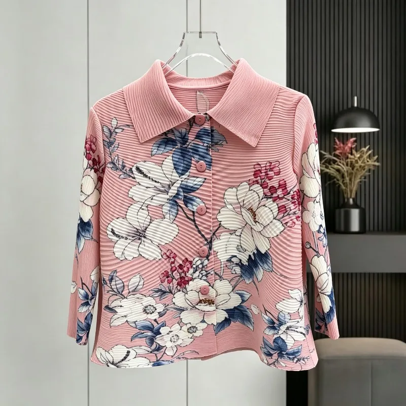  Pleated Shirt  Autumn New Turn-Down Collar Long Sleeve Fashion Print Single-Breasted Women's Plus Size Stretch Top Jacket