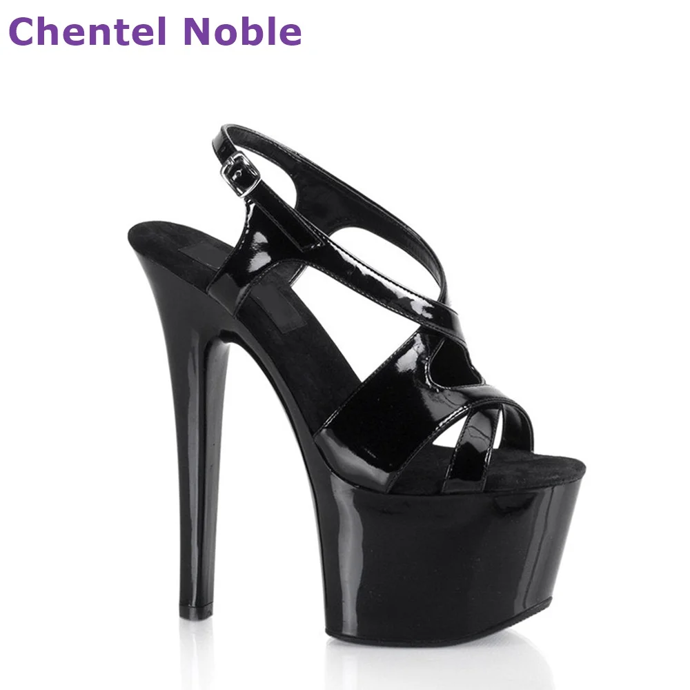 

High Platform Sandals Black Patent Leather Round Toe Thin Heel Super High Heel Summer Fashion Sexy Women Shoes Classic Gladiator