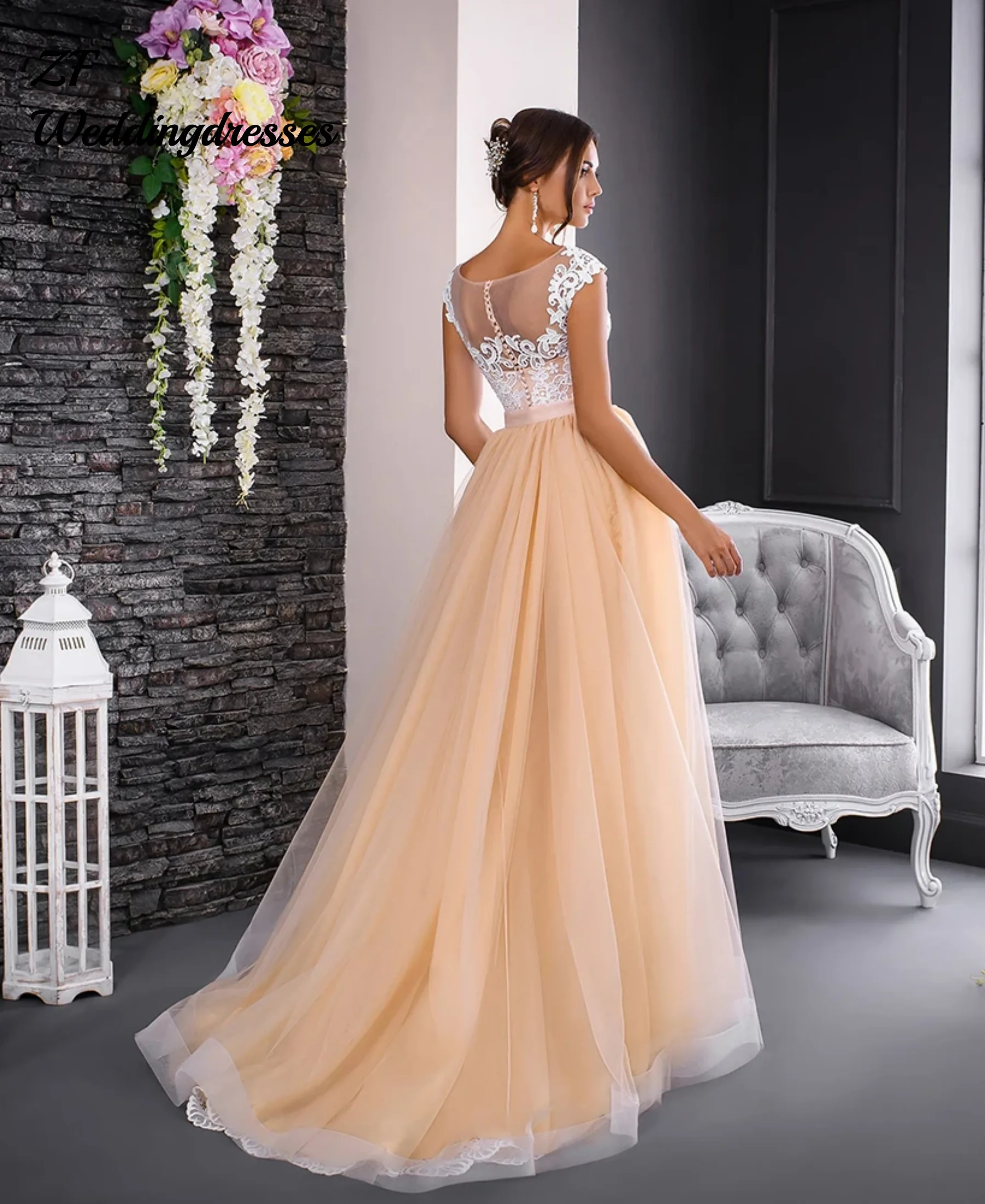 Customized Lace Tulle 2 Pieces Mermaid Wedding Dresses With Champagne Detachable Train Vestido De Noiva Vestido De Novia