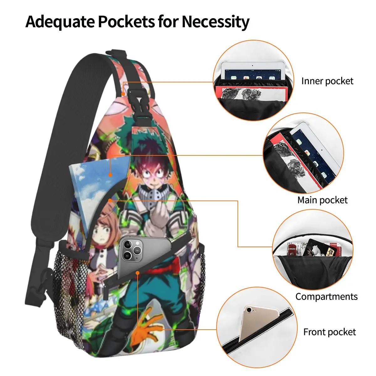 My Hero Academia Small Sling Bags Chest Crossbody Shoulder Backpack Travel Hiking Daypacks Manga Pattern Bag