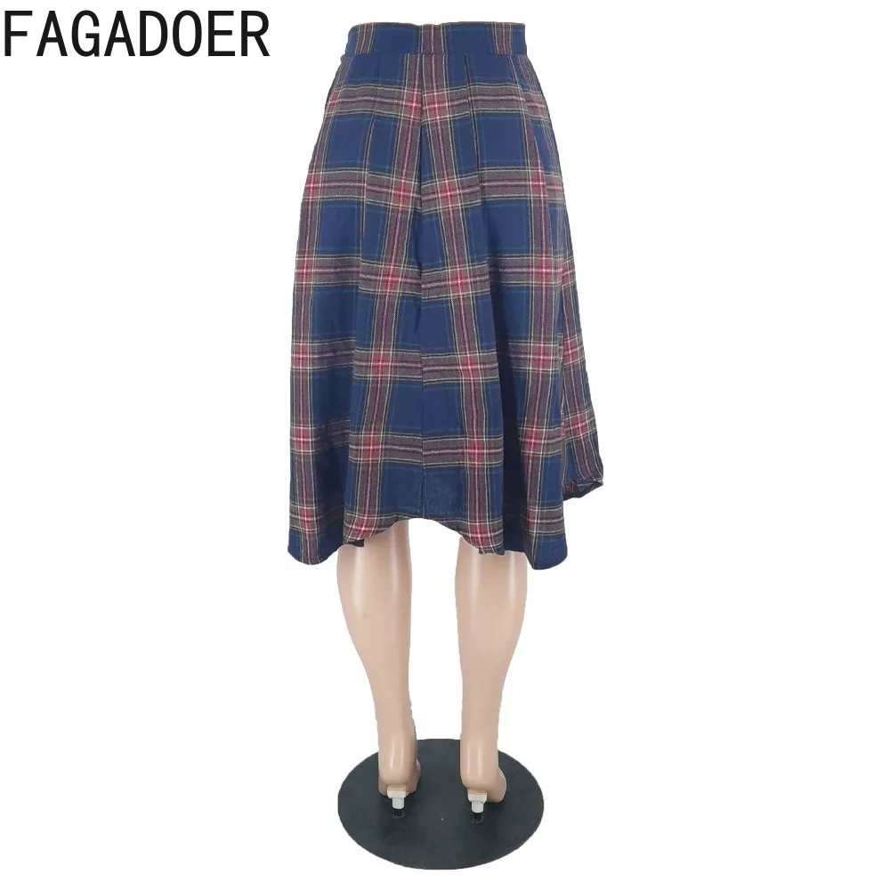 FAGADOER Fashion Plaid Printing Patchwork High Slit Skirts Women High Waisted A-line Skirts Spring New Female Matching Bottoms