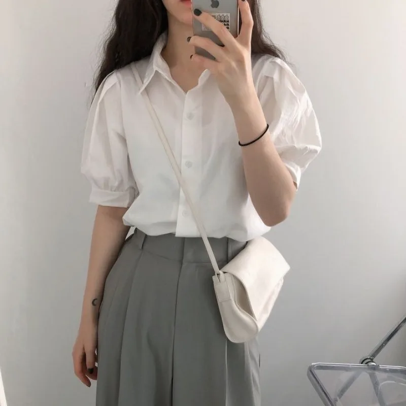 

Chic Summer Design Sensation Fre Simple Elegance Turn-down Collar Bubble Sve Women's irt Faionable Versatile Top