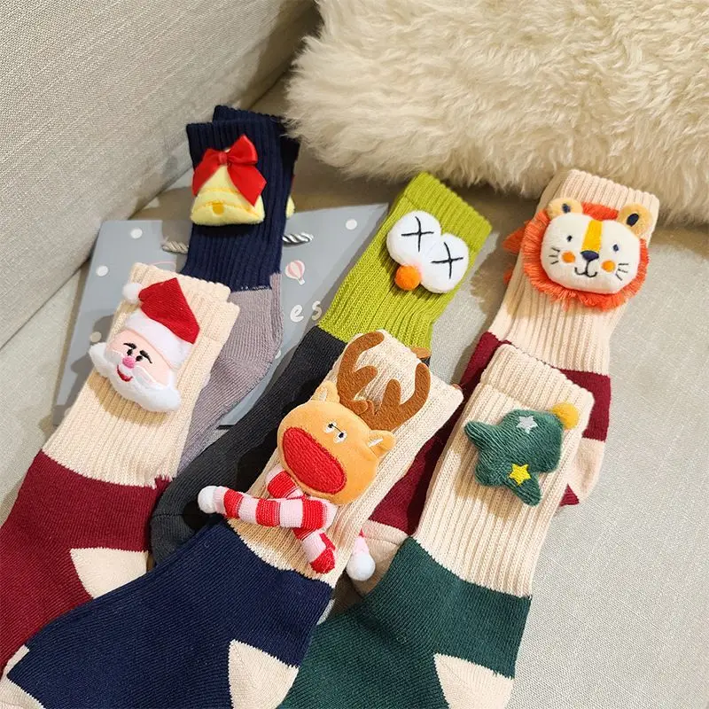 Random One Pair 3D Doll Kids Mid‑Calf Socks Cartoon Santa Reindeer Boys Girls Fashion Striped Socks