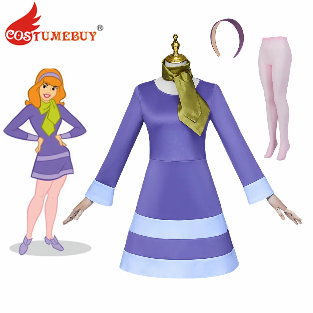 Women Daphne Cosplay Costume Long Sleeve Purple Dress with Scarf and Headband Socks Full Set Halloween Costume