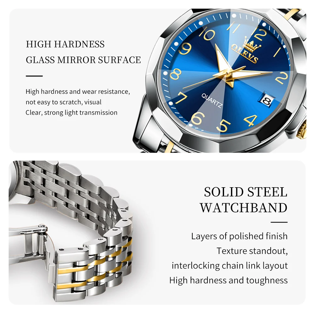 OLEVS Quartz Watch for Women Rhombus Mirror Number Dial Solid Stainless Steel Waterproof Date Elegant Luxury Original Hand Clock