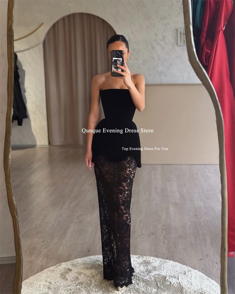 ชุดราตรีผ้ากำมะหยี่สีดำเซ็กซี่ ดีไซน์หรูหราสำหรับงานปาร์ตี้ แต่งลูกไม้ซีทรู ชุดออกงานพรอม คอร์เซ็ทผูกหลัง ชุดราตรีงานเลี้ยง สามารถสั่งตัดได้