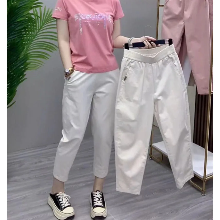 春夏綿カジュアルパンツ 2025 新しい女性韓国高ストレッチウエストハーレムパンツ女性足首までの長さのストレートズボン
