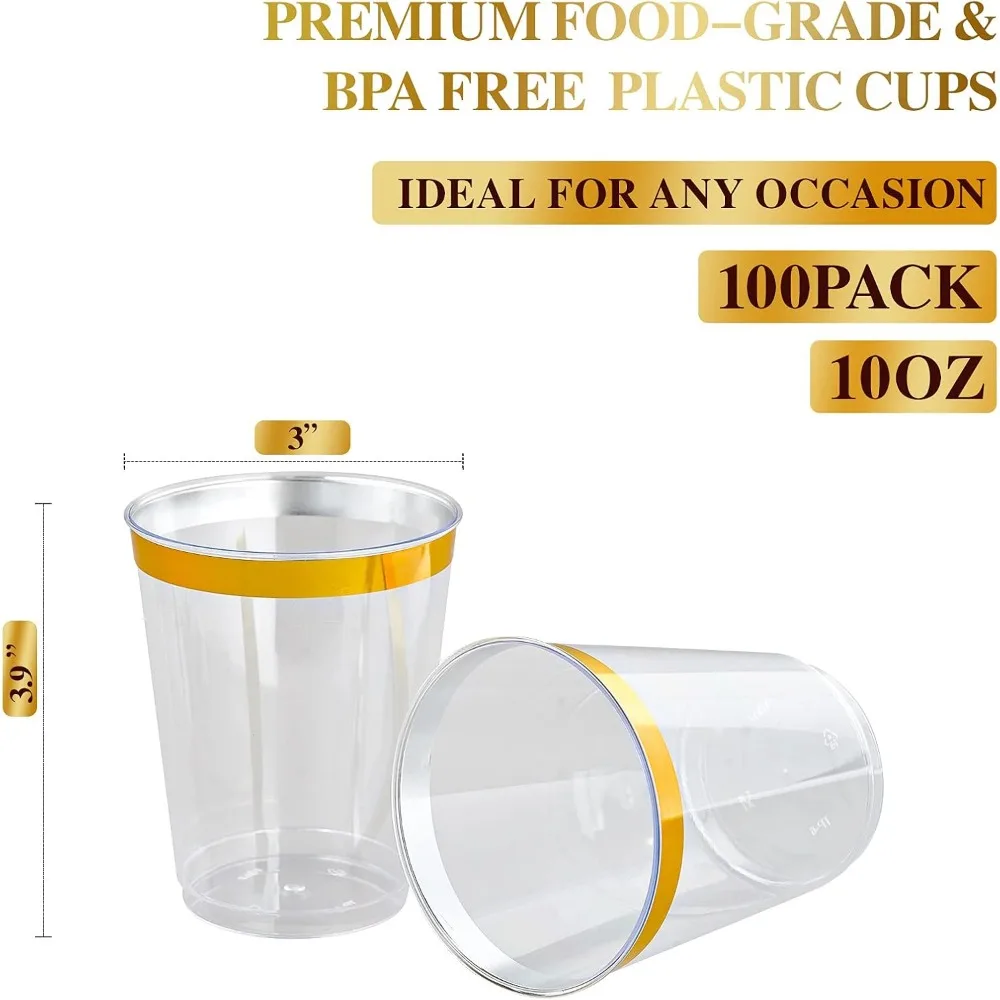 100 Pack Gold Rimmed Plastic Cups 10 Oz Clear Plastic Cups Tumblers, Fancy Disposable Hard Plastic Cups with Gold Rim