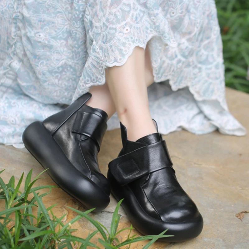 

Birkuir Hook Loop Flat Platform Short Boots For Women Thick Heel Soft Ankle Boots Luxury Genuine Leather High Top Platform Shoes